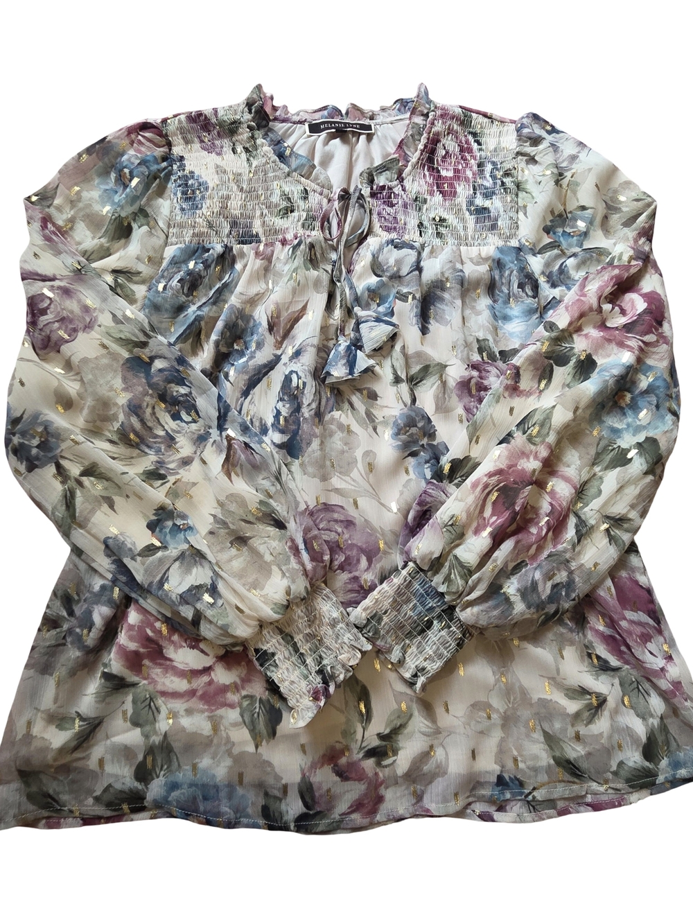 Melanie Llyne Smocked Yoke Floral Long-Sleeve Blouse with Blue & Purple Flowers